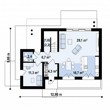 Проект загородного дома с подвалом, гаражом, кладовой, балконами / План 1 этажа