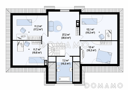 Проект просторного одноэтажного мансардного дома из кирпича с барбекю на крытой угловой террасе / План мансардного этажа