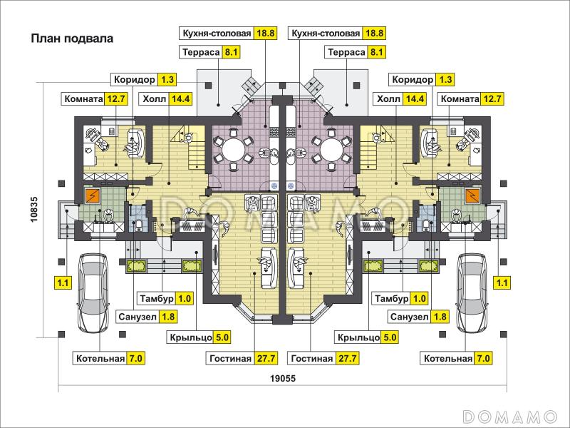 Проект дома с эркером в гостиной, комнатой на первом этаже, террасой, балконом, чердаком / План 1 этажа