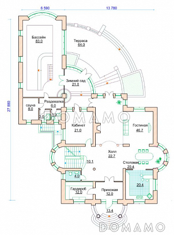 Проект коттеджа с двусветной гостиной, бассейном и зимним садом / План 1 этажа
