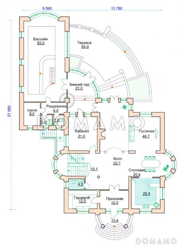 Проект коттеджа с двусветной гостиной, бассейном и зимним садом / План 1 этажа