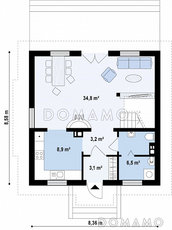 Проект одноэтажного мансардного дома из кирпича с тремя спальнями, балконом и красивыми мансардными окнами / План 1 этажа