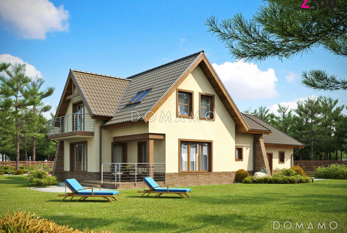 Проект просторного комфортного мансардного дома из газобетона с необычной планировкой и гаражом