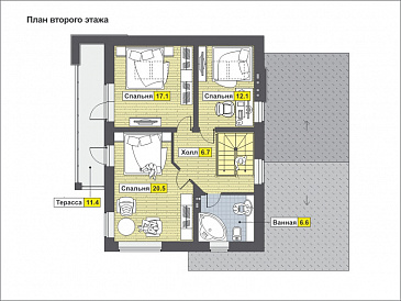 Загородный дом из СИП панелей с кухней-столовой, сауной, спальней на первом этаже, террасой / План мансардного этажа