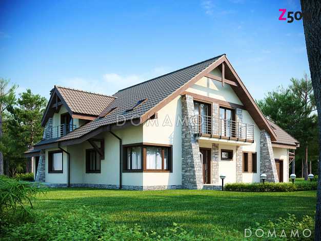 Проект просторного одноэтажного мансардного дома из кирпича с пятью комнатами, балконом и гаражом