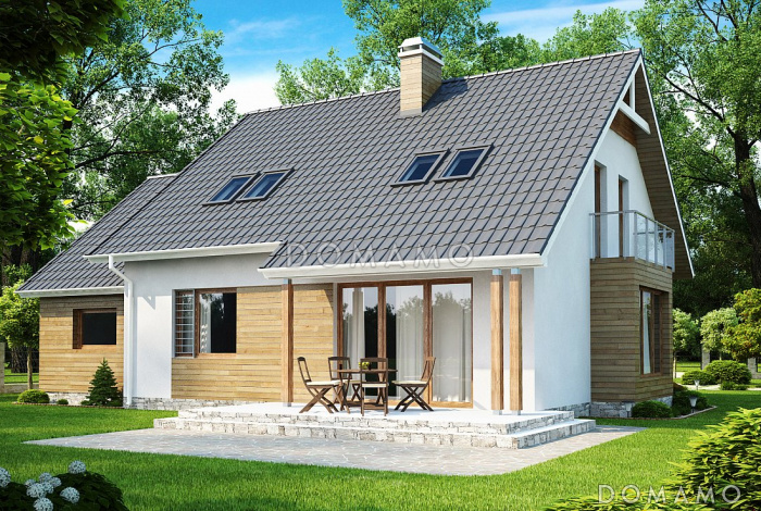 Проект одноэтажного мансардного дома из газобетона с кабинетом, гаражом и комнатой над ним