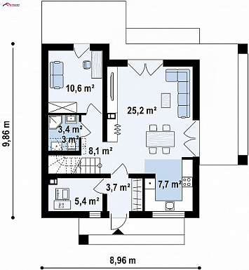 Проект компактного одноэтажного мансардного дома из газобетона с кабинетом и двумя спальнями / План 1 этажа