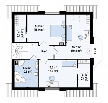 Проект одноэтажного мансардного дома из кирпича с кабинетом, эркером и балконом над ним / План мансардного этажа