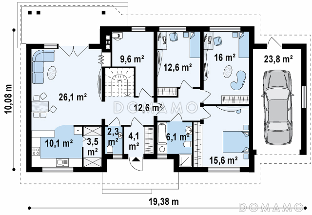 Проект классического одноэтажного дома из газобетона с тремя спальнями и возможностью обустройства мансарды и  с гаражом / План 1 этажа