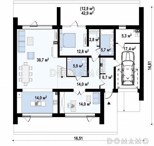 Проект современного одноэтажного мансардного дома с двухскатной крышей из газобетона с четырьмя комнатами и гаражом / План 1 этажа