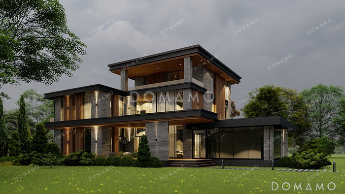 Проект большого трехэтажного дома с террасой и гаражом