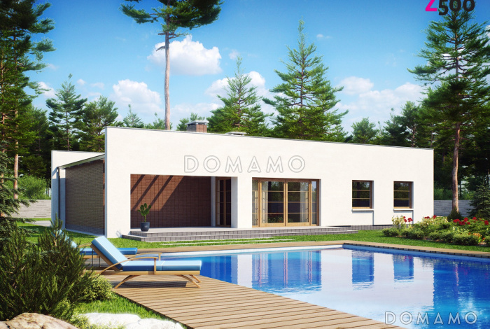 Проект современного одноэтажного дома из кирпича с плоской крышей, тремя спальнями и гаражом