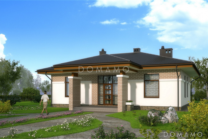 Проект одноэтажного дома с панорамным окном на крытую террасу