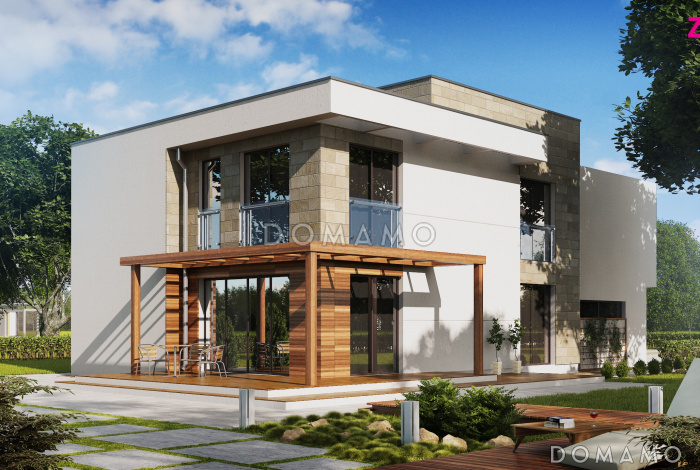 Проект двухэтажного дома из кирпича в стиле модерн, с четырьмя спальнями, кабинетом и гаражом