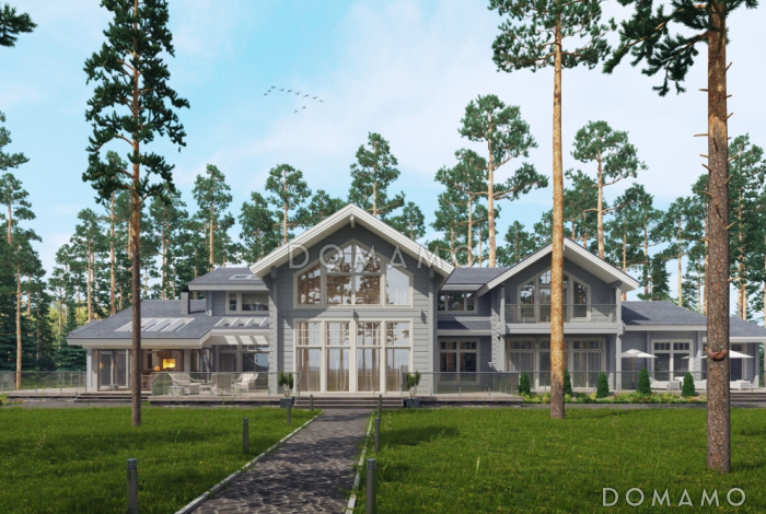 Проект дома из клееного бруса с мансардными окнами и большой площадью остекления