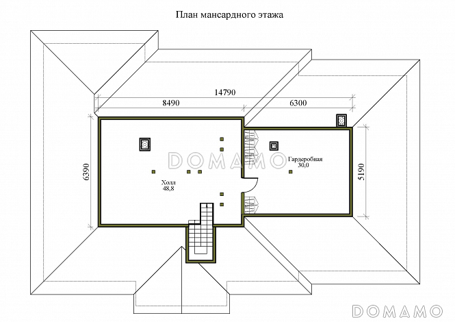 Проект одноэтажного дома с мансардой, верандой и гаражом на 2 машины / План мансардного этажа