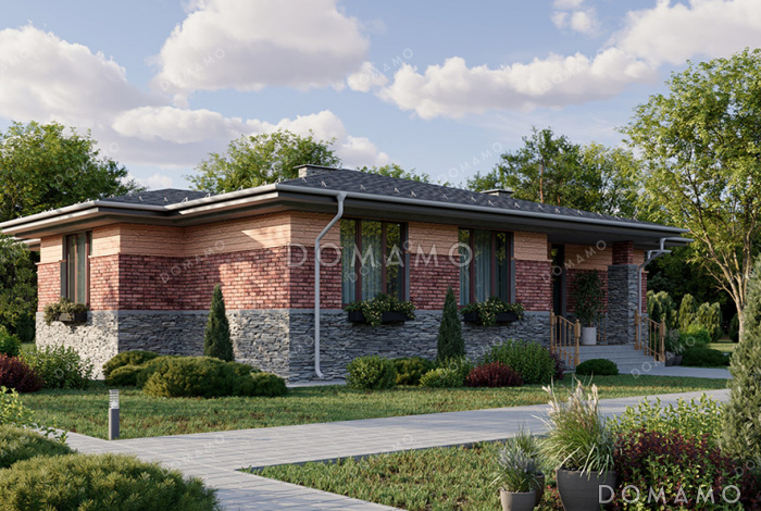 Проект одноэтажного дома средних размеров с 4 спальнями и небольшой террасой