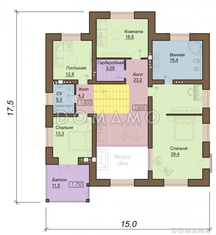 Проект двухэтажного коттеджа с цокольным этажом, гаражом и парной / План 2 этажа