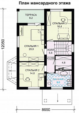 Проект небольшого дома с двумя крытыми террасами / План мансардного этажа