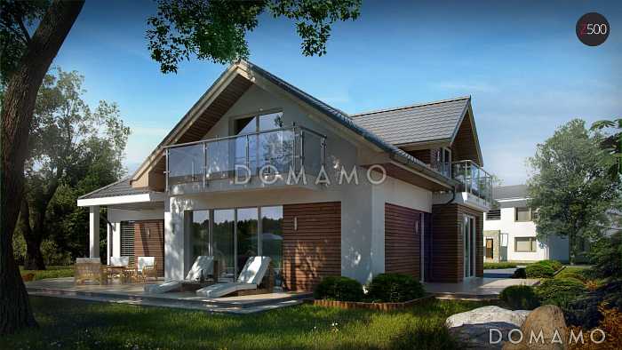 Проект просторного одноэтажного мансардного коттеджа из газобетона с гостевой спальней на первом этаже, кабинетом и гаражом