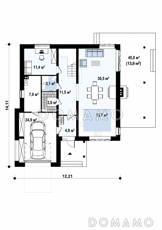 Проект просторного современного двухэтажного дома из кирпича, с четырьмя комнатами, гаражом и вторым светом над гостиной / План 1 этажа