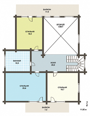 Проект дома из клееного бруса с просторным балконом на втором этаже / План мансардного этажа