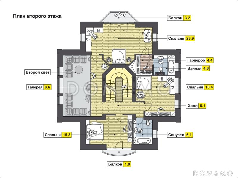 Проект дома с эркером, цокольным этажом с окнами, бассейном и сауной, вторым светом, спальней с балконом / План 2 этажа