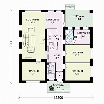 Проект одноэтажного дома из пенобетона с тремя спальнями и крытой террасой / План 1 этажа
