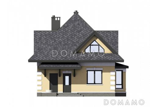 Проект одноэтажного мансардного дома из СИП панелей с тремя спальнями, кабинетом, эркером и крытой террасой / Фасад 1