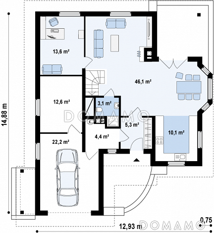 Проект просторного одноэтажного мансардного дома из кирпича с кабинетом, эркером и гаражом / План 1 этажа