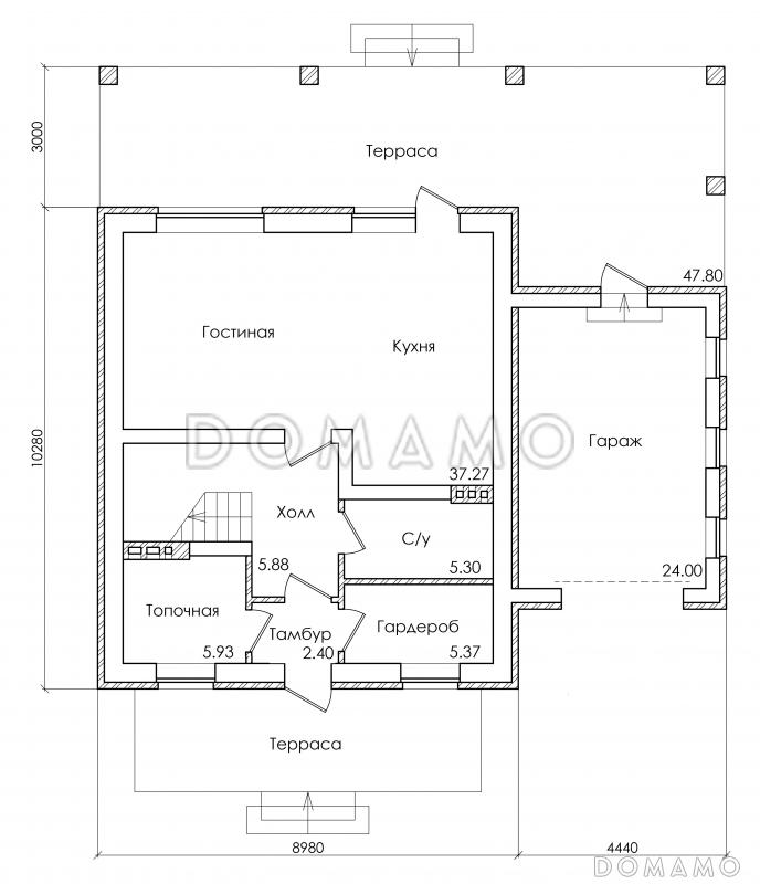 Проект коттеджа с мансардным этажом, гаражом и большой террасой / План 1 этажа
