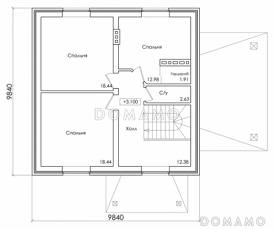 Проект компактного коттеджа с мансардным этажом и навесом под автомобиль, с наличием сауны / План мансардного этажа