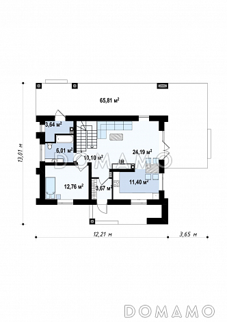 Проект современного двухэтажного дома из газобетона с четырьмя комнатами и уютной частично крытой террасой / План 1 этажа