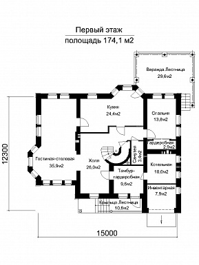 Проект загородного дома с крытой террасой с колоннами / План 1 этажа