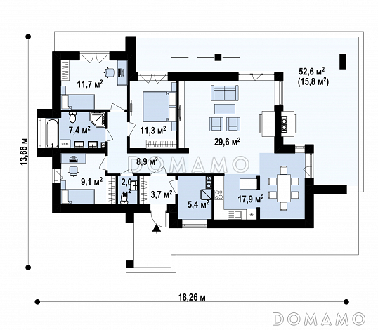 Проект одноэтажного дома с плоской крышей, большой террасой,  тремя спальнями / План 1 этажа