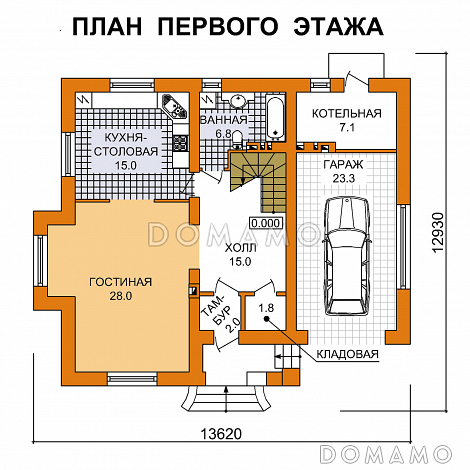 Проект дома из пеноблоков с выразительным дизайном фасадов / План 1 этажа