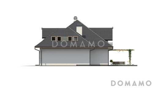 Проект классического одноэтажного мансардного дома из газобетона с дополнительными спальнями на первом этаже и мансардном, с тремя балконами и гаражом на два автомобиля / Фасад 2