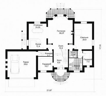 Проект дома с большим круглым эркером / План 1 этажа