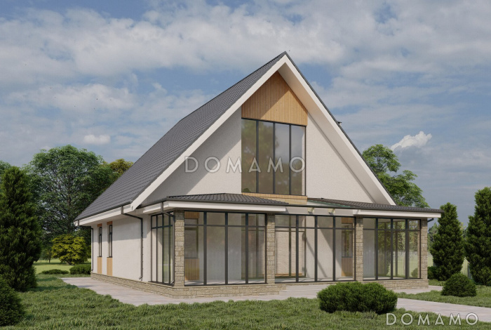 Проект одноэтажного кирпичного дома с мансардой, вторым светом и крытой террасой