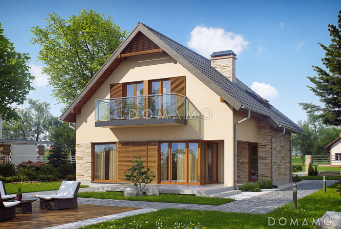 Проект небольшого одноэтажного мансардного дома из газобетона с тремя спальнями и просторной гостиной