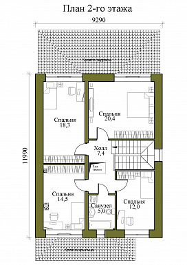 Проект двухэтажного кирпичного дома с крытой террасой и четырьмя спальнями на втором этаже / План 2 этажа