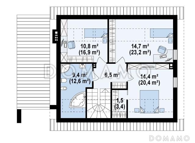 Проект одноэтажного мансардного дома из газобетона с тремя спальнями и пристроенным гаражом / План мансардного этажа