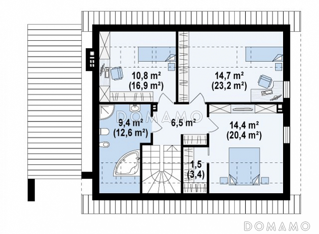 Проект одноэтажного мансардного дома из газобетона с тремя спальнями и пристроенным гаражом / План мансардного этажа