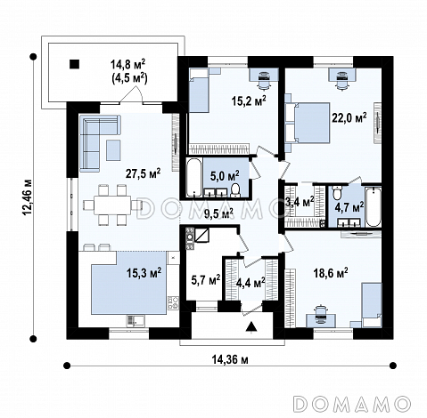 Проект современного одноэтажного загородного дома с мастер-спальней, террасой, кухней с окном у мойки / План 1 этажа