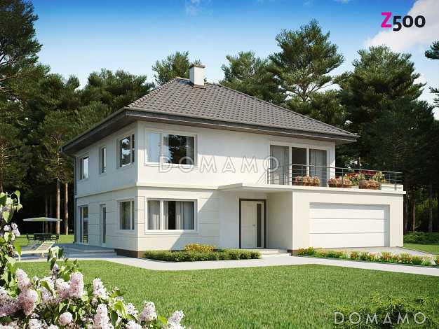 Проект современного просторного двухэтажного дома из газобетона с гаражом и террасой над ним