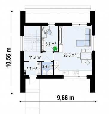 Проект дома с подземным гаражом, кабинетом, светлой дневной зоной, спальнями на втором этаже с гардеробными / План 1 этажа