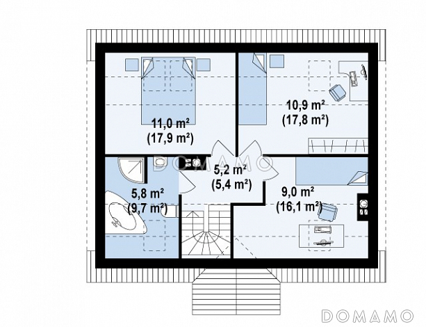 Проект одноэтажного мансардного дома из кирпича с камином в центральной части дома / План мансардного этажа