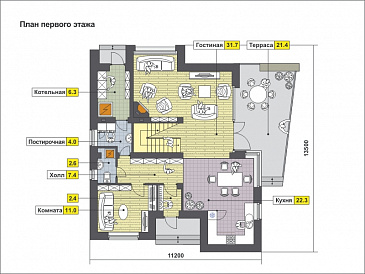 Проект дома с односкатной крышей, панорамными окнами, кухней с выступом для рабочей зоны, просторной гостиной, двумя балконами / План 1 этажа