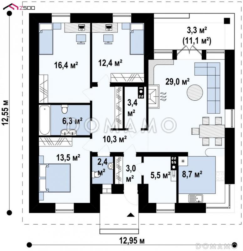 Проект одноэтажного дома из газобетона с кирпичными фасадами с тремя спальнями, светлой гостиной и угловым окном в кухне / План 1 этажа