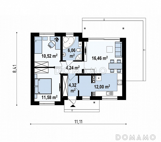 Проект компактного одноэтажного дома небольшой площади из газобетона с двумя спальнями  / План 1 этажа